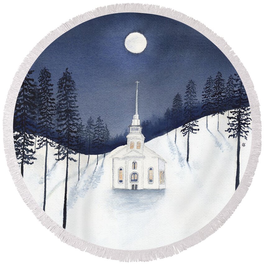Church Round Beach Towel featuring the painting Country Church in Moonlight 2, Silent Night by Conni Schaftenaar