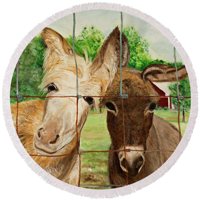 Pair Of Donkeys Round Beach Towel featuring the painting Country Companions by Kathy Knopp