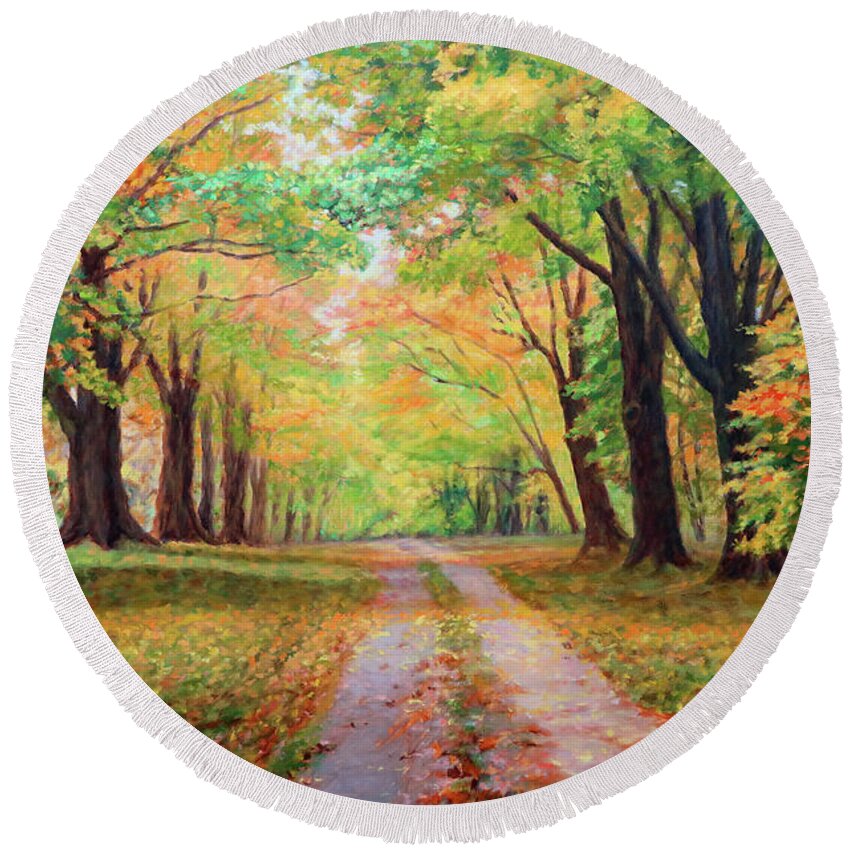 Country Lane Round Beach Towel featuring the painting Country Lane - A walk in Autumn by Bonnie Mason