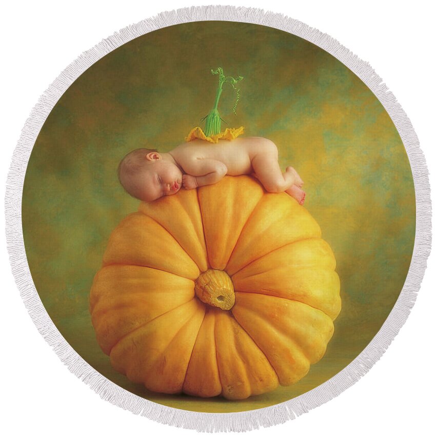 Fall Round Beach Towel featuring the photograph Country Pumpkin by Anne Geddes