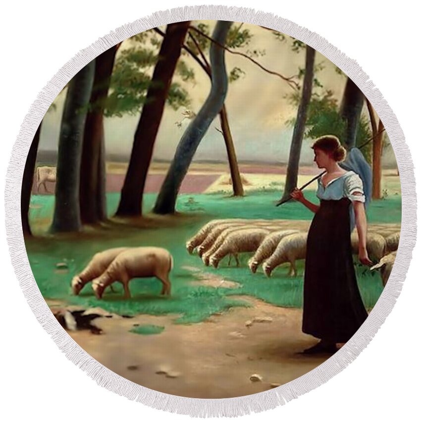 Country Round Beach Towel featuring the painting Country Shepherdess by Henri Lerolle