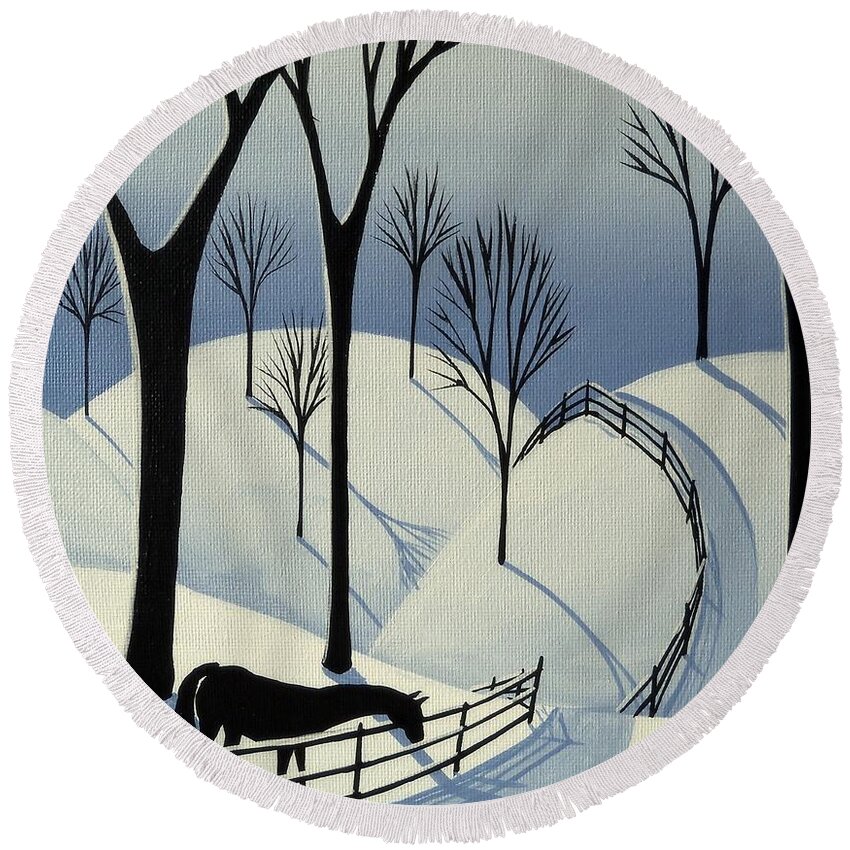 Folk Art Round Beach Towel featuring the painting Country Winter Road - horse snow folk art by Debbie Criswell