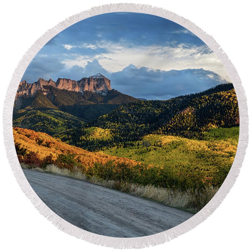 Courthouse Round Beach Towel featuring the photograph Courthouse Mountain and Chimney Rock Fall Colors by Tibor Vari