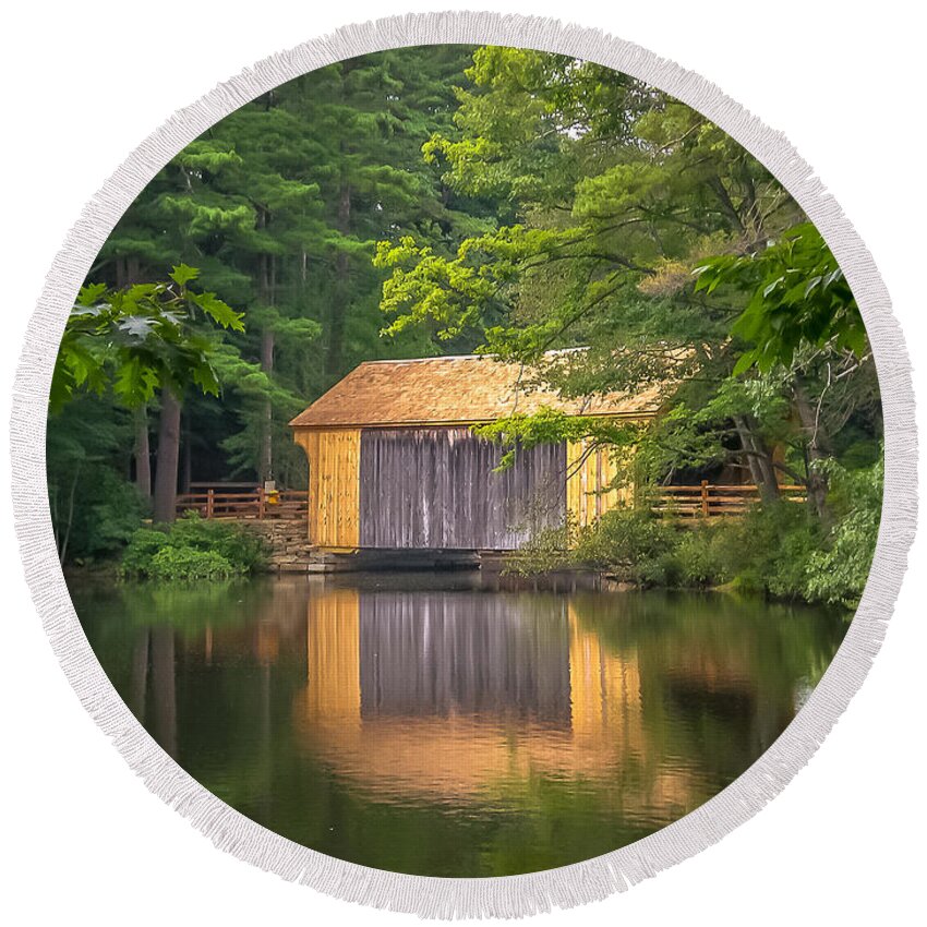 Summer Round Beach Towel featuring the photograph Covered bridge by Claudia M Photography