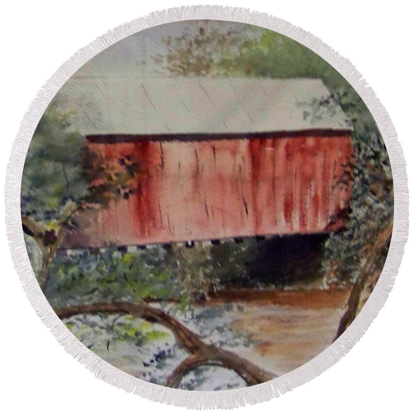 Covered Bridge Round Beach Towel featuring the painting Covered Bridge by Eleanor Robinson