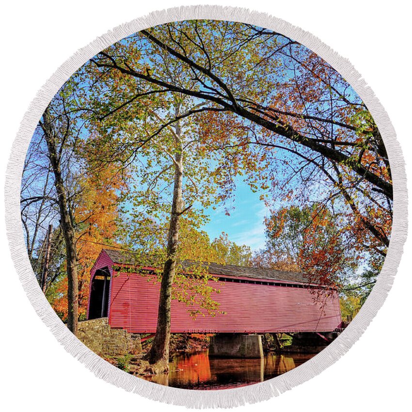 Autumn Round Beach Towel featuring the photograph Covered Bridge in Maryland in Autumn by Patrick Wolf