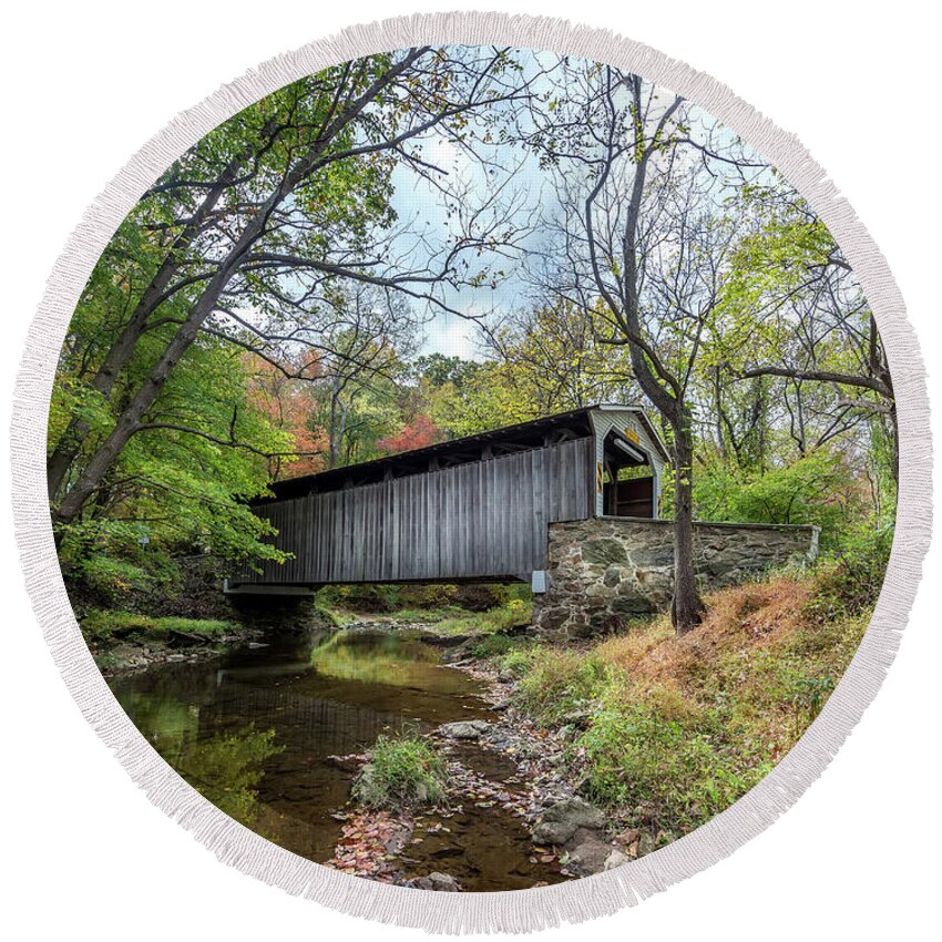 Bridge Round Beach Towel featuring the photograph Covered Bridge in Pennsylvania during Autumn by Patrick Wolf