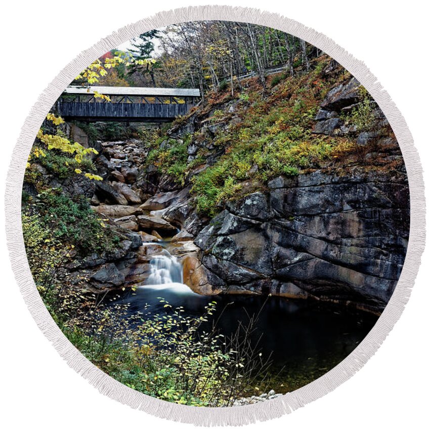 New Hampshire Round Beach Towel featuring the photograph Sentinel Pine Covered Bridge by Doolittle Photography and Art