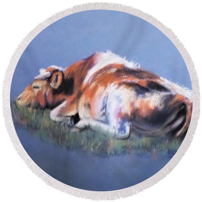 Pastel Round Beach Towel featuring the pastel Cow dreams by Anne Gardner