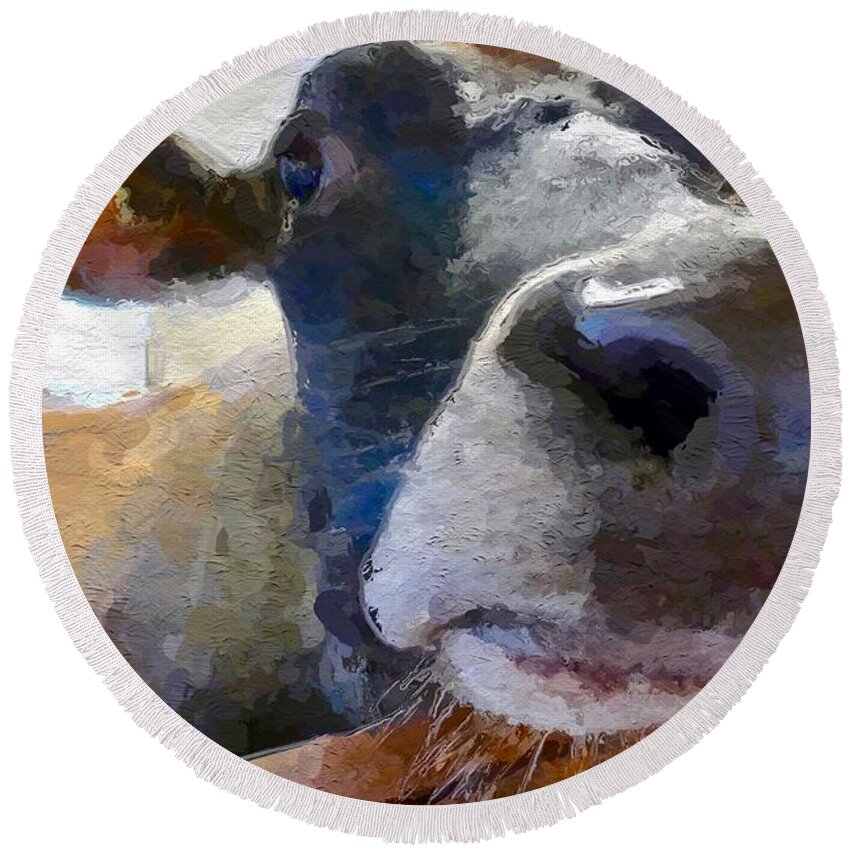 Cow Face Round Beach Towel featuring the painting Cow Face Close Up by Joan Reese