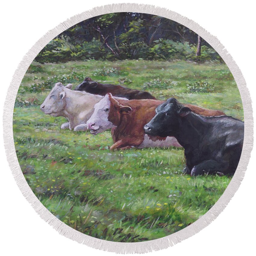 Cows Round Beach Towel featuring the painting Cow line up in field by Martin Davey