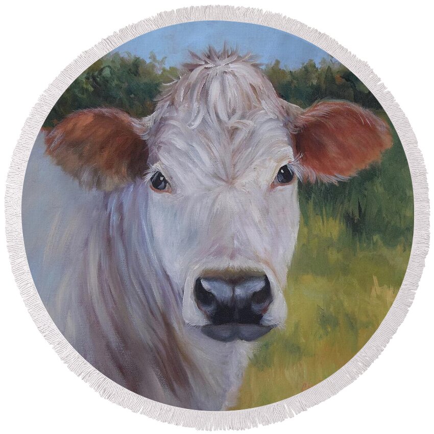 Animal Round Beach Towel featuring the painting Cow Painting Ms Ivory by Cheri Wollenberg