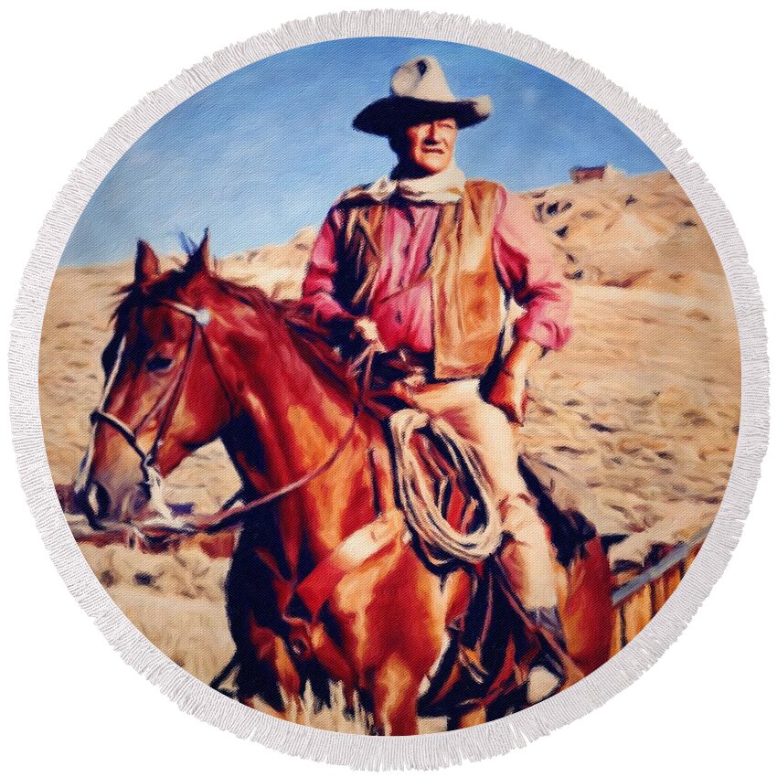 John Wayne Round Beach Towel featuring the painting Cowboy John Wayne by Vincent Monozlay