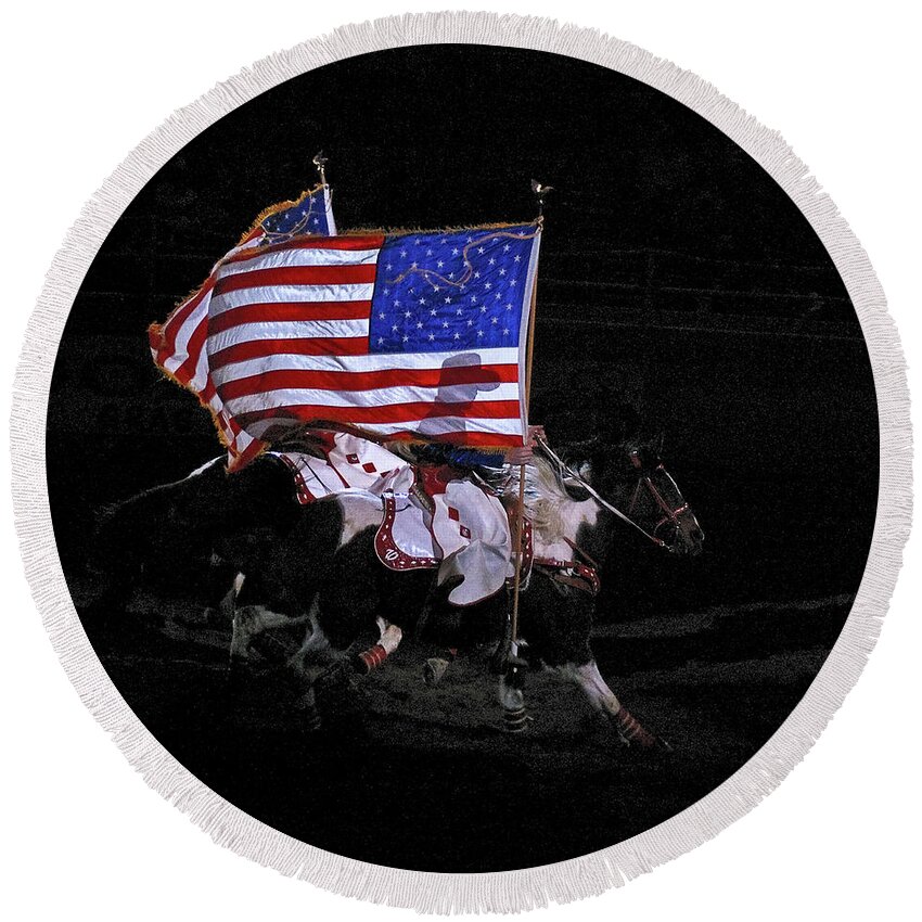 U.s. Flag Round Beach Towel featuring the photograph Cowboy Patriots by Ron White