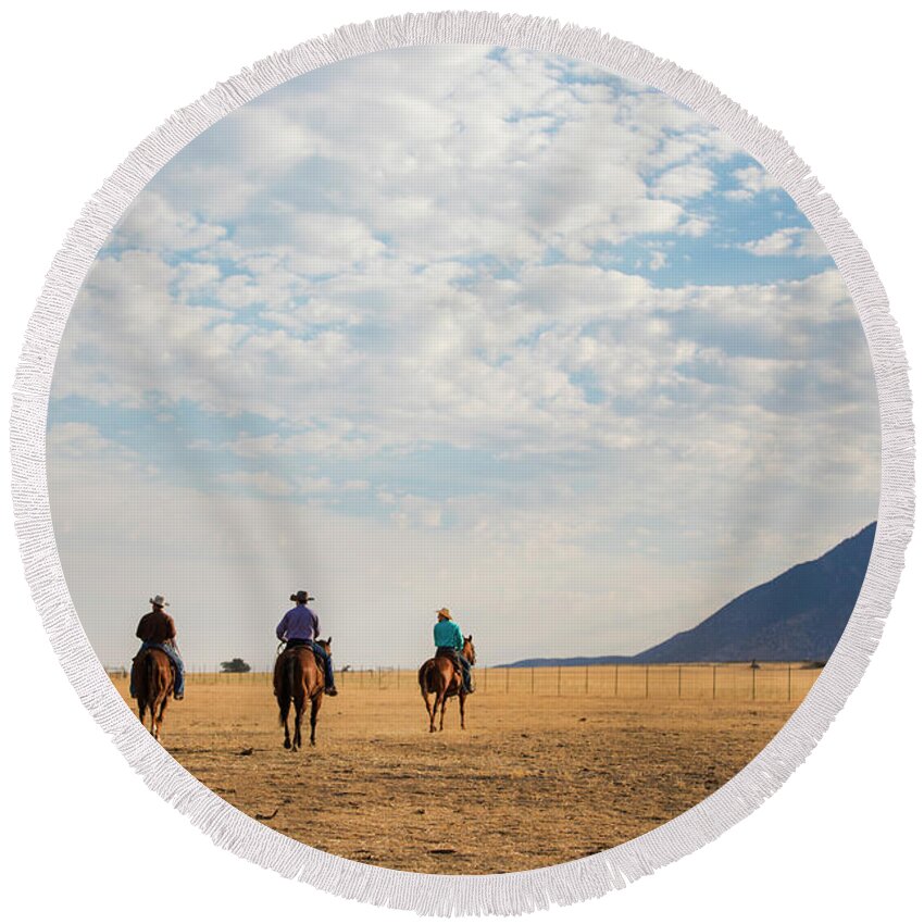 Cowboys Round Beach Towel featuring the photograph Cowboys on the Open Range by Diane Diederich