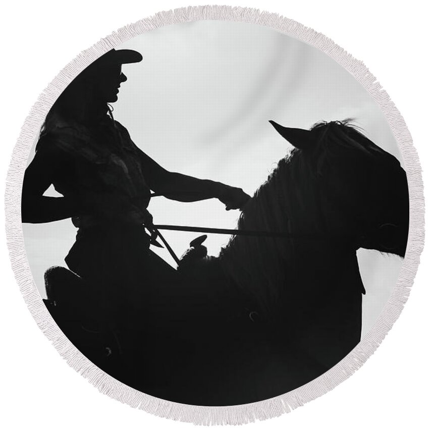 Horse Round Beach Towel featuring the photograph Cowgirl and horse silhouette by Dimitar Hristov