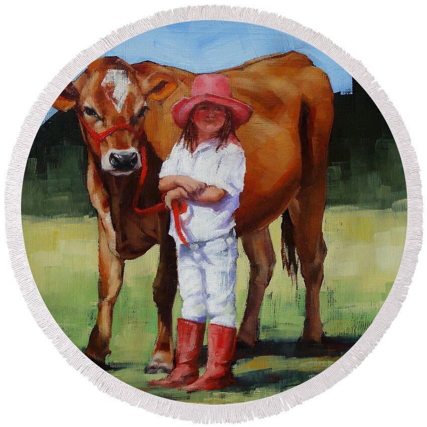 Cow Round Beach Towel featuring the painting Cowgirl Besties by Margaret Stockdale