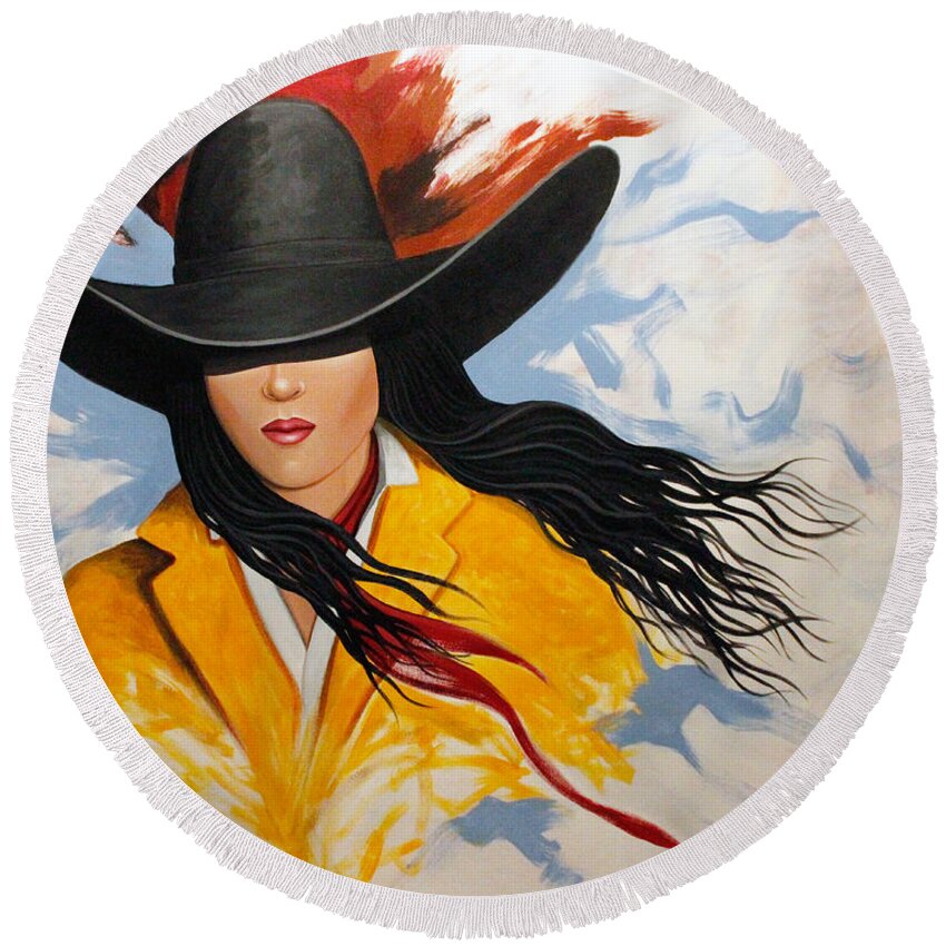 Cowgirl Round Beach Towel featuring the painting Cowgirl Colors #3 by Lance Headlee