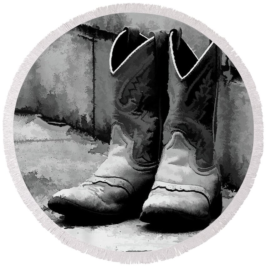 Boots Round Beach Towel featuring the photograph Cowpoke Boots BW by Lesa Fine