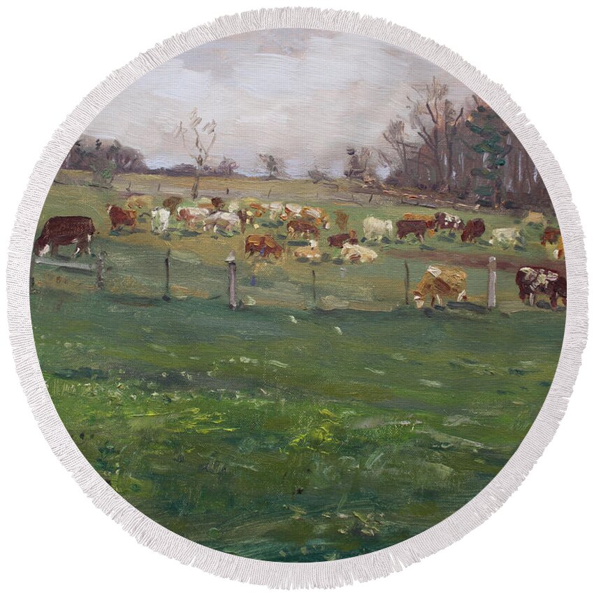 Cows Round Beach Towel featuring the painting Cows in a Farm, Georgetown by Ylli Haruni