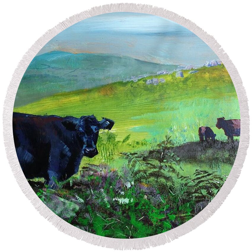 Cow Round Beach Towel featuring the painting Cows On Dartmoor by Mike Jory