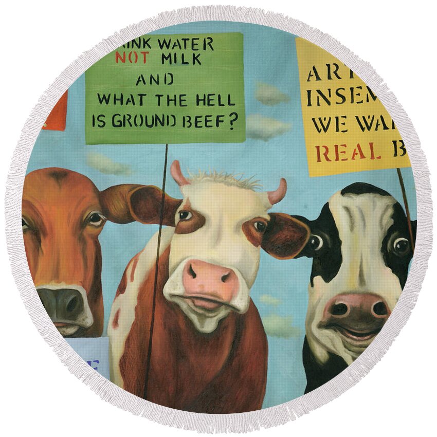 Cow Round Beach Towel featuring the painting Cows On Strike by Leah Saulnier The Painting Maniac