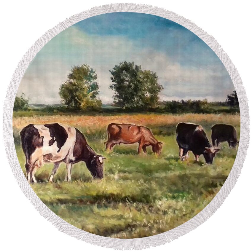 Cows Round Beach Towel featuring the painting Cows on the pasture by Luke Karcz