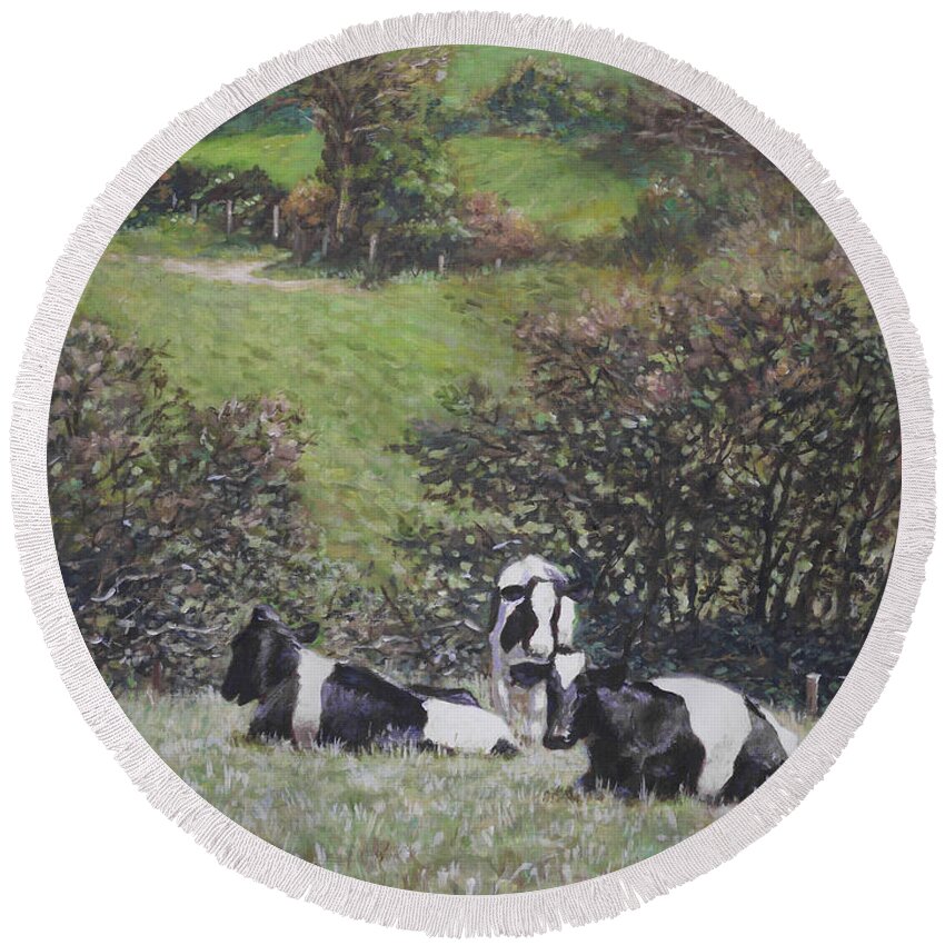Cows Round Beach Towel featuring the painting Cows sitting by hill relaxing by Martin Davey