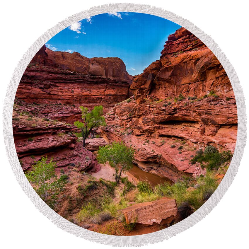Coyote Gulch Round Beach Towel featuring the photograph Coyote Gulch at Sunset by Gary Whitton