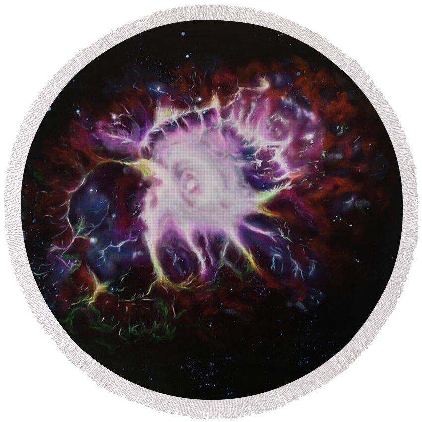 Oil Painting Round Beach Towel featuring the painting Crab Nebula by Neslihan Ergul Colley