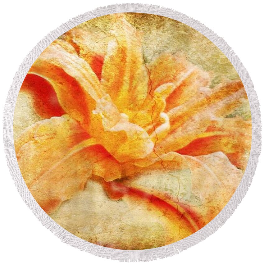 Buds Round Beach Towel featuring the photograph Crackled Orange Lily by Kathy Barney