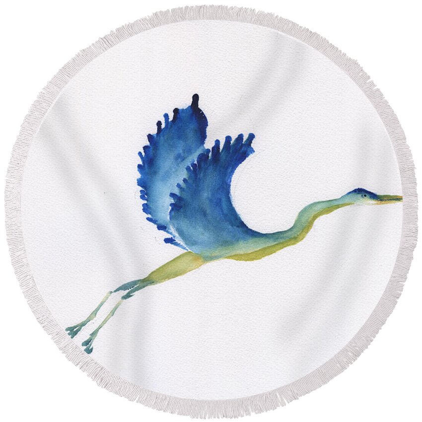 Crane In Flight Round Beach Towel featuring the painting Crane In Flight by Frank Bright