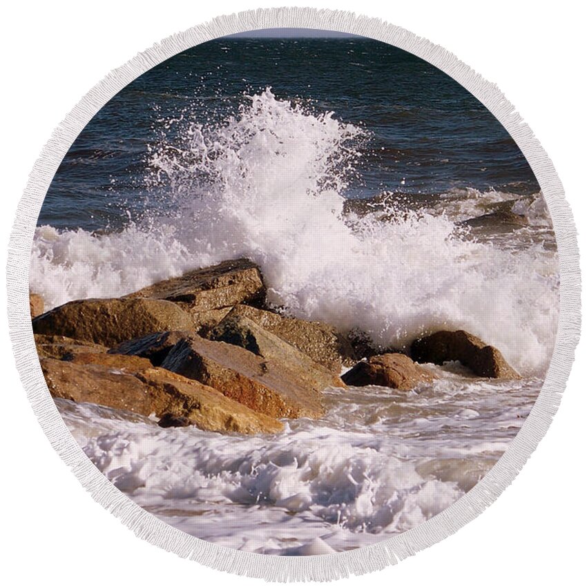 Seascape Round Beach Towel featuring the photograph Crashing Surf by Eunice Miller