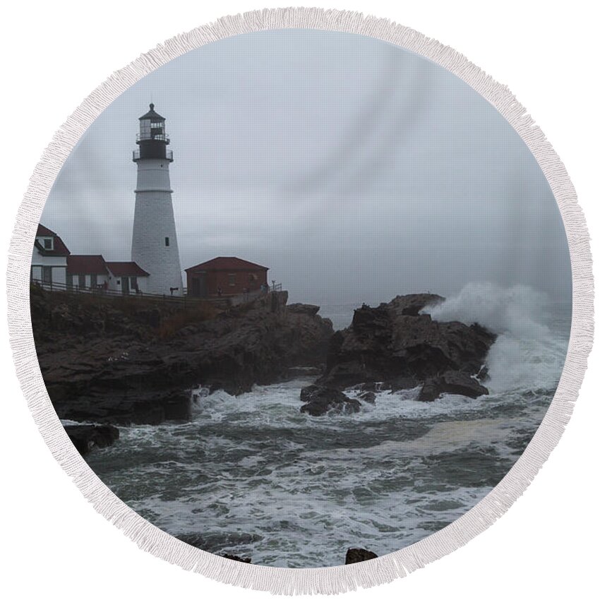 Fog Round Beach Towel featuring the photograph Crashing Waves by Scene by Dewey