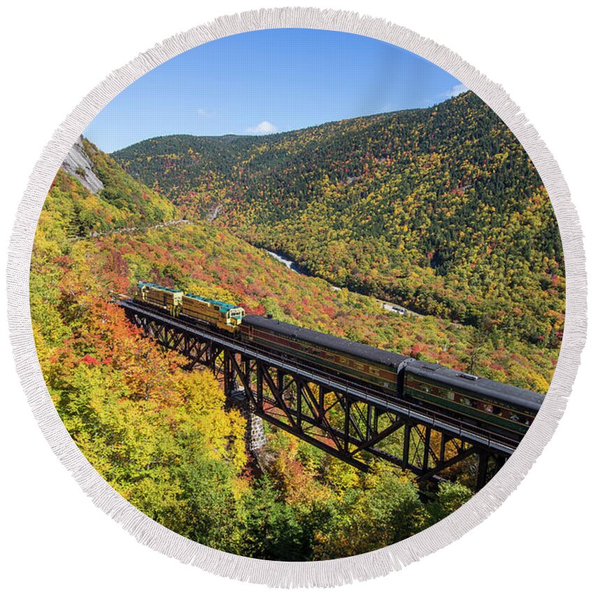 Crawford Round Beach Towel featuring the photograph Crawford Autumn Train Trestle by Chris Whiton