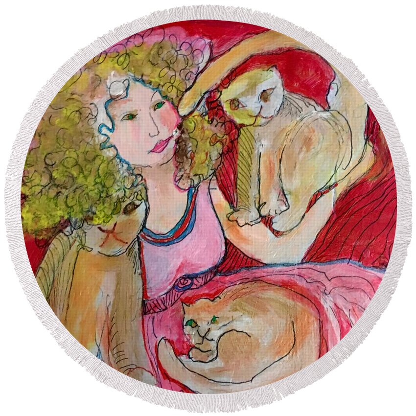 Cat Round Beach Towel featuring the painting Crazy Cat Lady by Rosalinde Reece