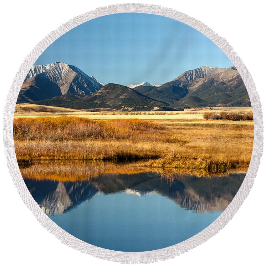 Mountains Round Beach Towel featuring the photograph Crazy Mountain Reflections by Todd Klassy
