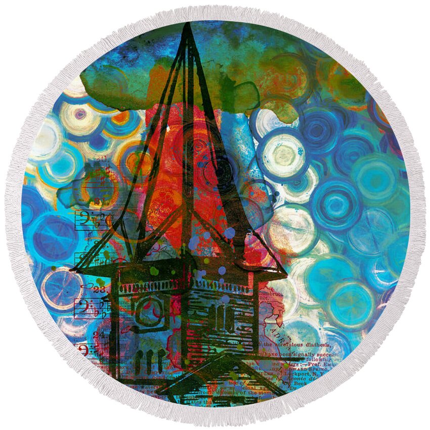 Crazy House In The Clouds Whimsy Round Beach Towel featuring the painting Crazy Red House In The Clouds Whimsy by Georgiana Romanovna