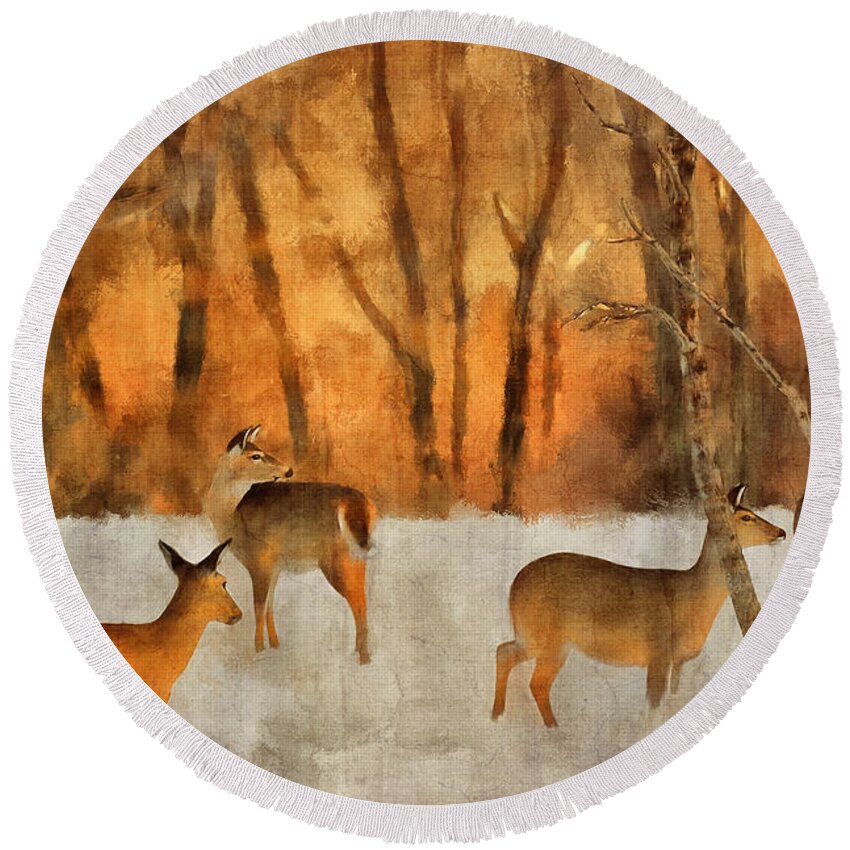 Deer Round Beach Towel featuring the digital art Creatures of a Winter Sunset by Lois Bryan