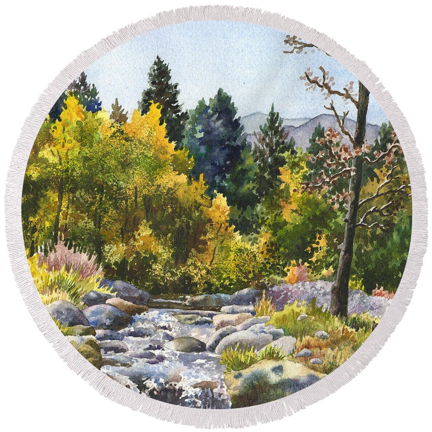 Fall Trees Painting Round Beach Towel featuring the painting Creek at Caribou Ranch by Anne Gifford