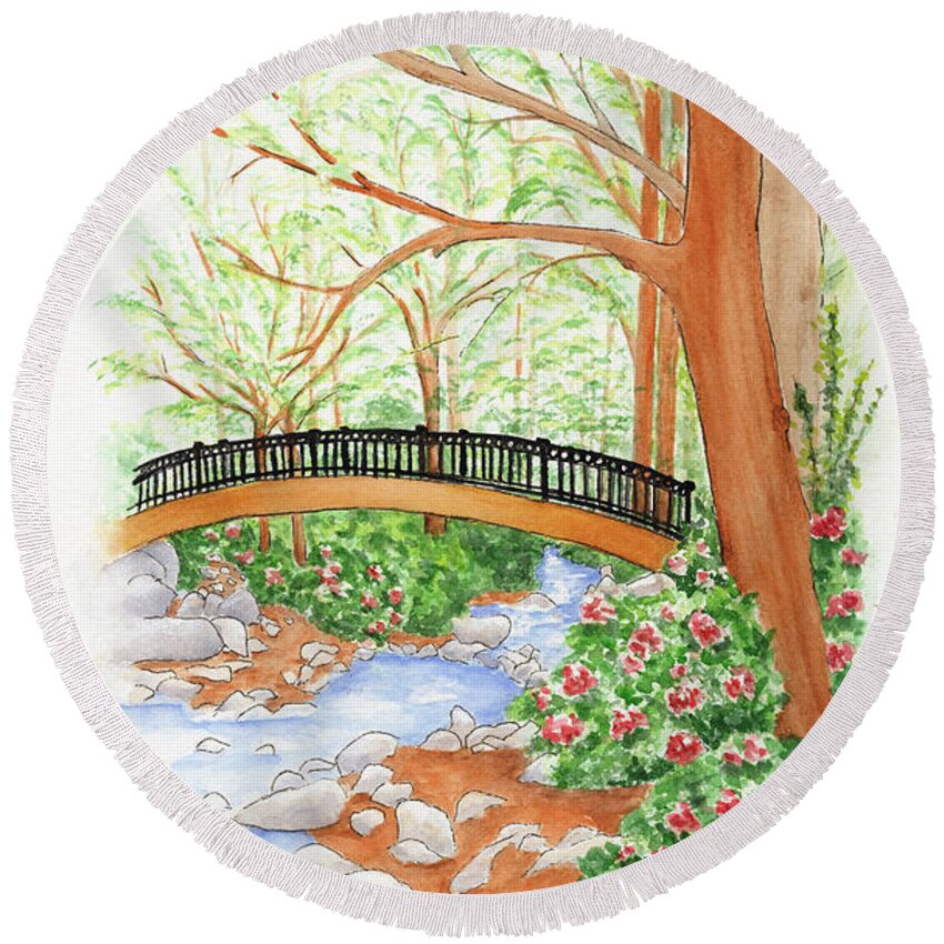 Lithia Park Round Beach Towel featuring the painting Creek Crossing by Lori Taylor