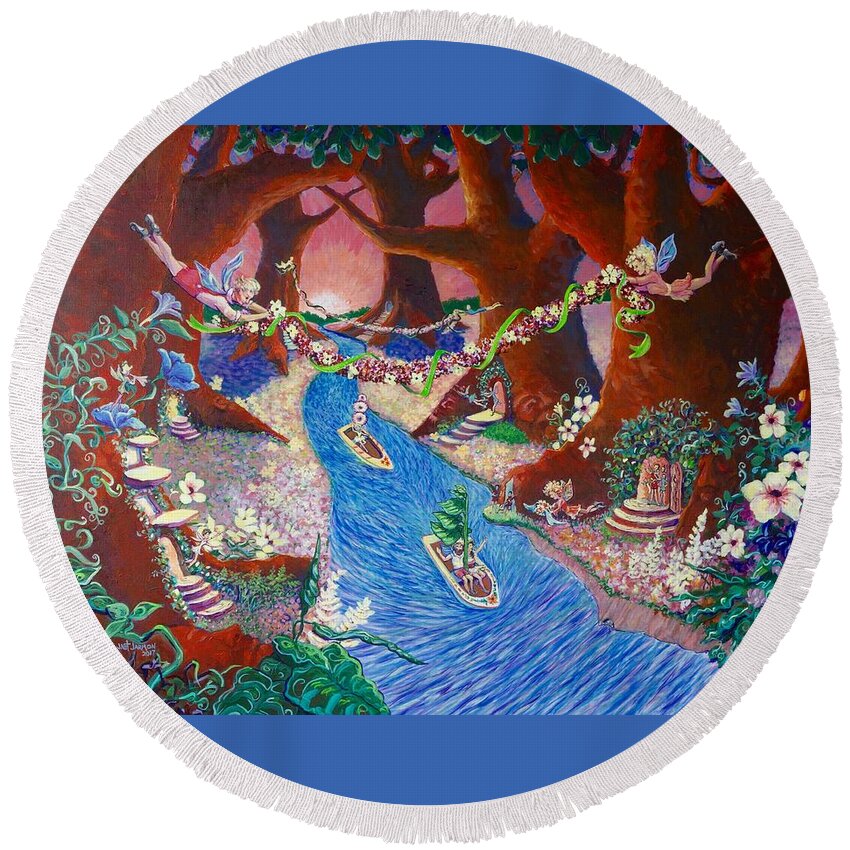 Fairies Round Beach Towel featuring the painting Creekside Fairy Celebration by Jeanette Jarmon