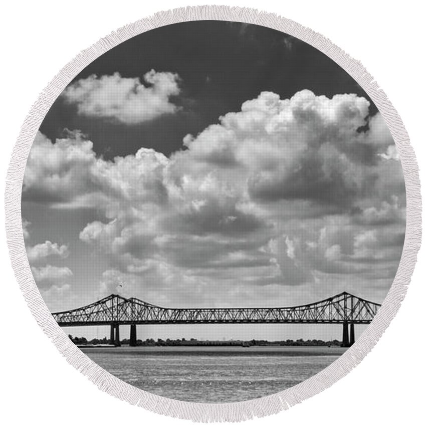 Crescent City Connection Bridges Round Beach Towel featuring the photograph Crescent City Connection In Black and White by Greg and Chrystal Mimbs