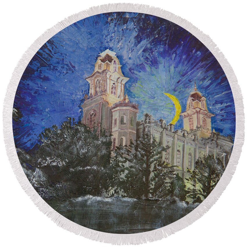 Manti Temple Round Beach Towel featuring the painting Crescent Moon by Nila Jane Autry