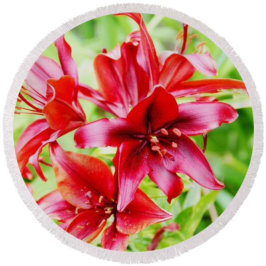 Flowers Round Beach Towel featuring the photograph Crimson Lilies by Charlene Reinauer