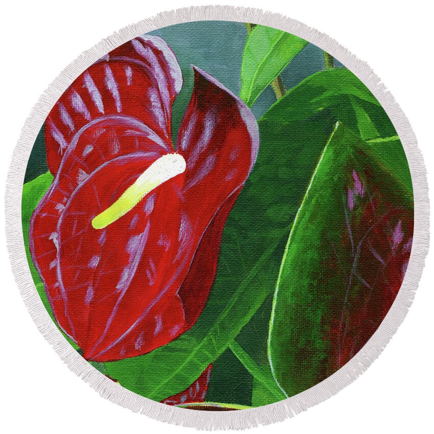 Anthurium Round Beach Towel featuring the painting Crimson Thrill by Jaime Haney