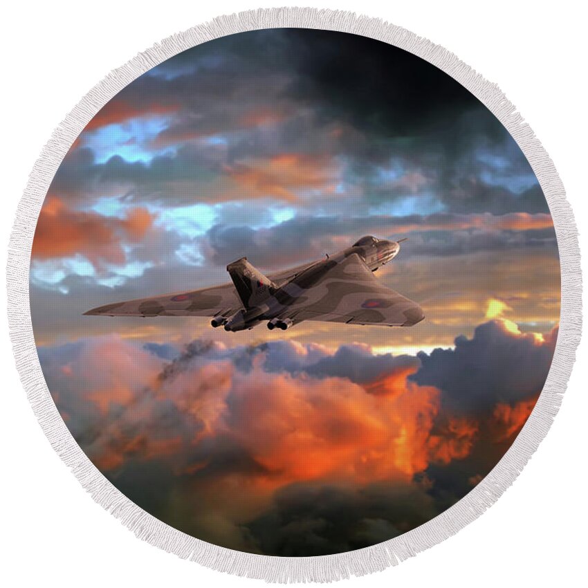 Avro Vulcan Bomber Round Beach Towel featuring the digital art Crimson Vulcan by Airpower Art
