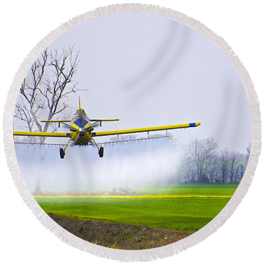 Precision Round Beach Towel featuring the photograph Precision Flying - Crop Dusting 1 of 2 by Norma Brock