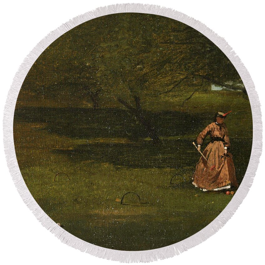 Winslow Homer Round Beach Towel featuring the painting Croquet Player by Winslow Homer