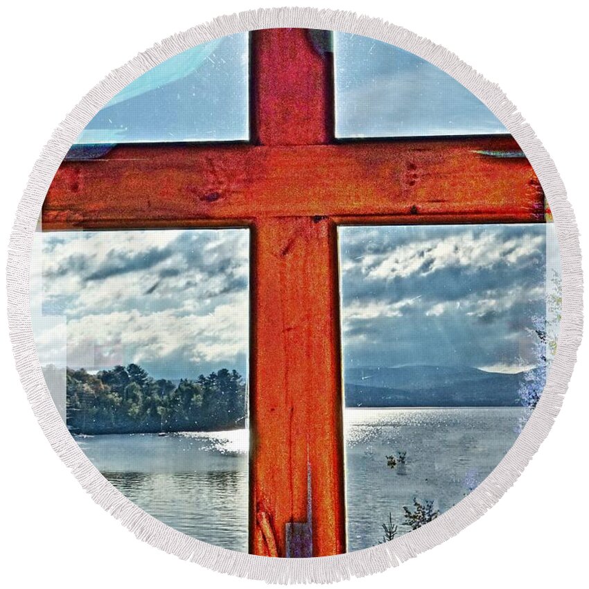 Cross Round Beach Towel featuring the photograph Cross Window Lake View by Russel Considine